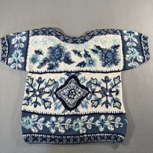 Jennifer Reed Petites Hand Knitted Floral Sweater Blue White Ramie Cotton Small